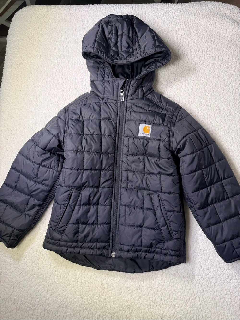 Carhartt Youth Boys Small 6-7Black Insulated Hooded Puffer Jacket Quilted Nylon